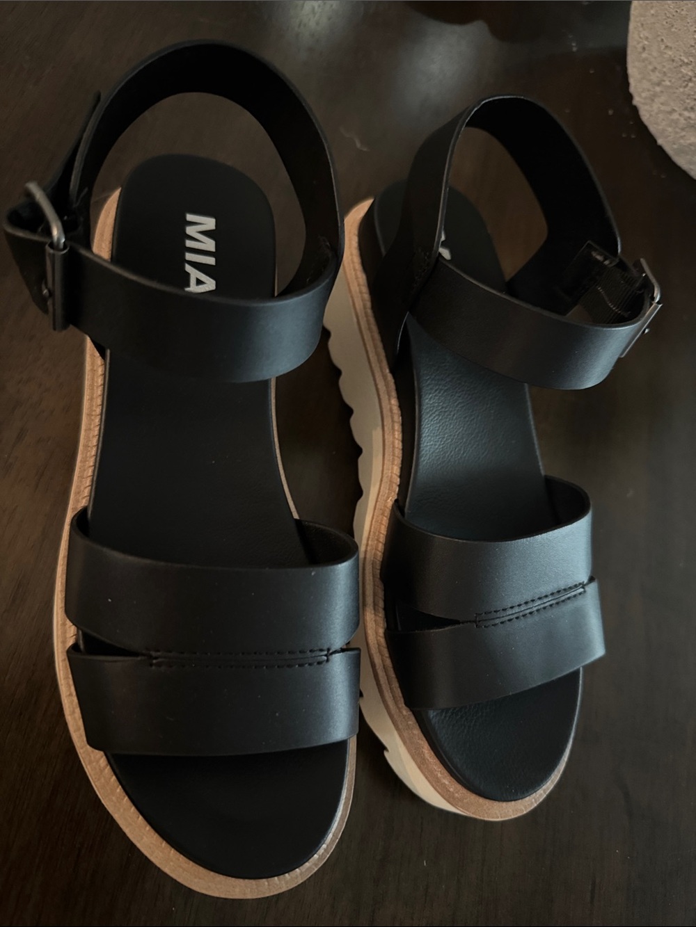 MIA Black Sandal with Tan Platform Trim